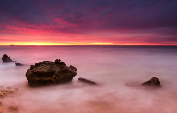Картинка море, небо, пейзаж, природа, камни, фон, розовый, widescreen