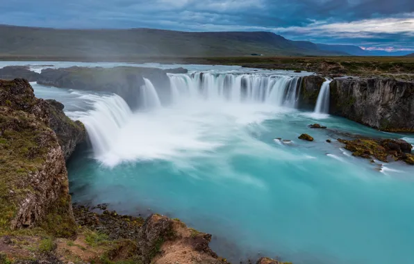 Скалы, берег, вид, водопад, поток