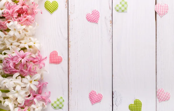 Картинка белый, цветы, фон, сердечки, flower, wood