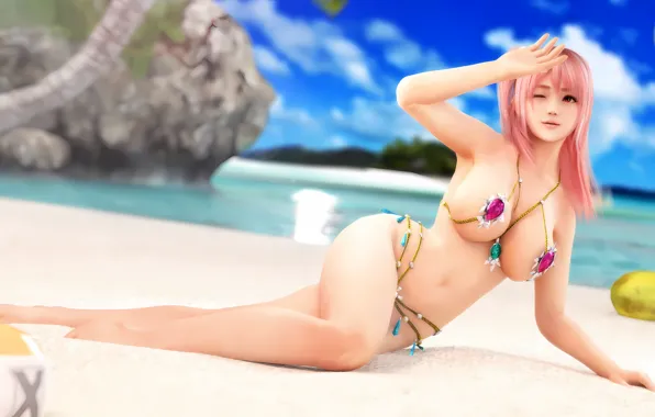 Girl, sexy, cleavage, beach, pink hair, sky, long hair, legs