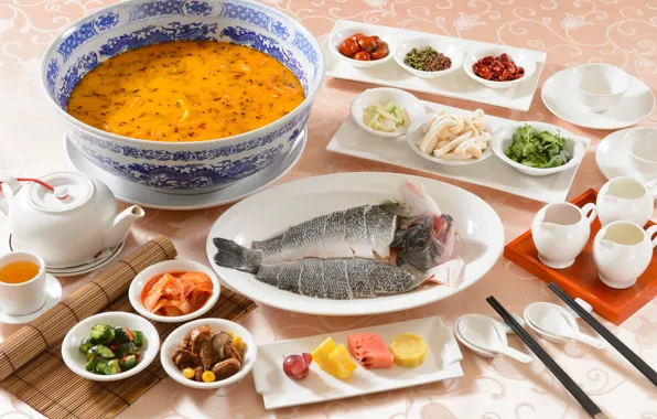 Рыба, суп, овощи, ассорти