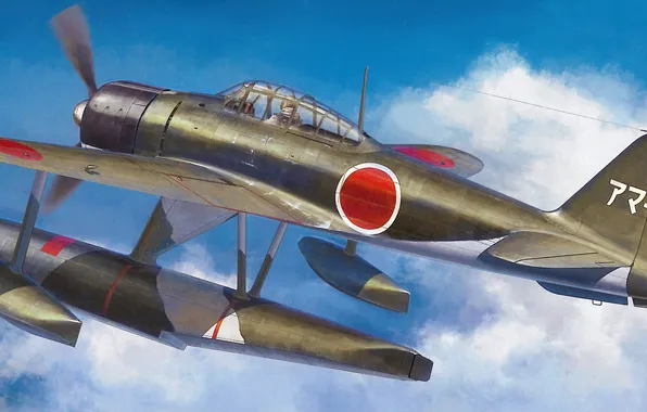 Небо, рисунок, арт, морской, японский, WW2, гидроистребитель, Nakajima A6M2-N