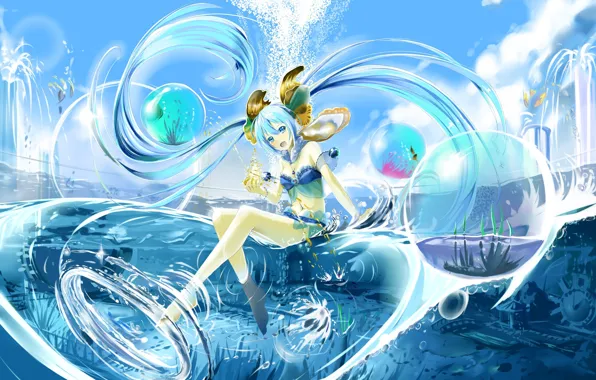 Картинка вода, девушка, аниме, арт, vocaloid