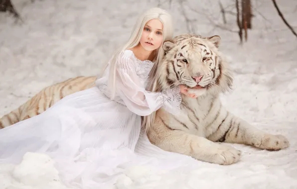 Зима, белый, взгляд, морда, девушка, снег, природа, лицо