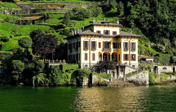 Картинка дом, вилла, склон, Италия, озеро Комо