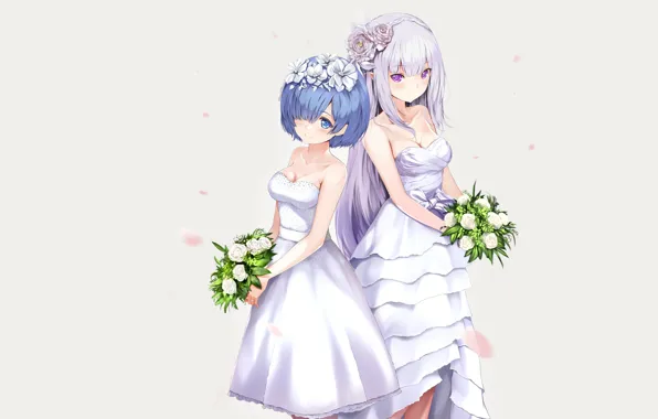 Цветы, девушки, аниме, арт, платья, Эмилия, Re: Zero kara Hajimeru Isekai Seikatsu, Рем