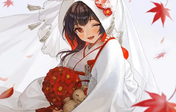 Листья, букет, слезы, невеста, The iDOLM@STER: Shiny Colors, Rinze Morino, соломенная кукла
