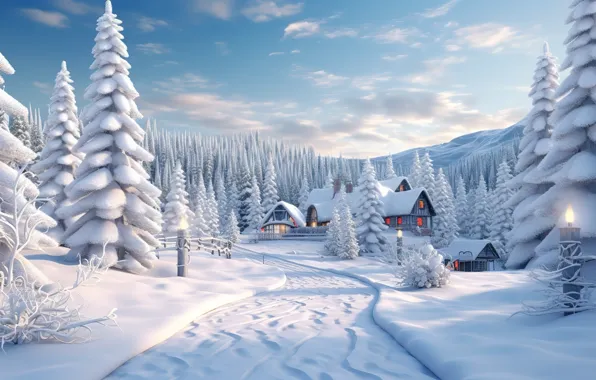 Картинка зима, лес, снег, елки, Новый Год, деревня, Рождество, домики