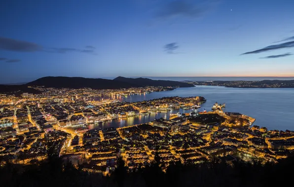 Картинка небо, огни, вечер, горизонт, Норвегия, залив, Берген