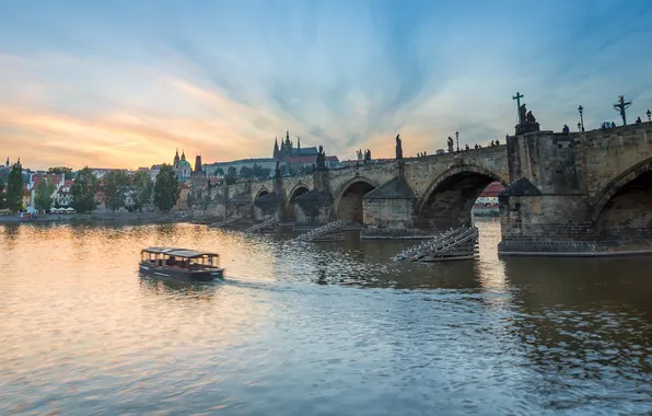 Небо, река, Прага, Чехия, собор, кораблик, Карлов мост