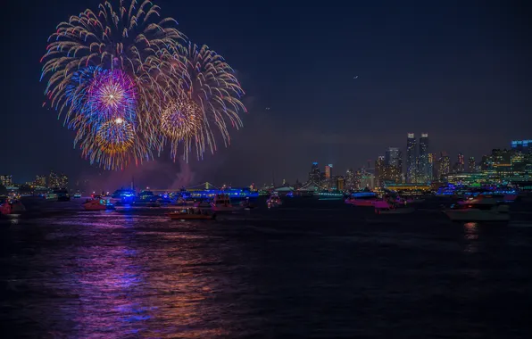 Картинка ночь, город, праздник, феерверк, Fireworks, July 4, New York City-2, the Hudson