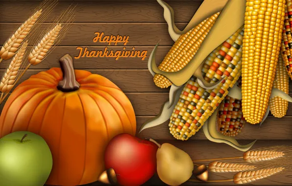 Осень, коллаж, яблоки, кукуруза, урожай, тыква, открытка, день благодарения
