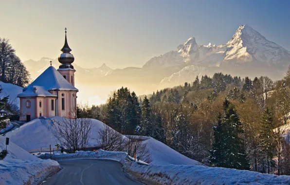 Картинка зима, дорога, снег, деревья, пейзаж, горы, природа, Германия