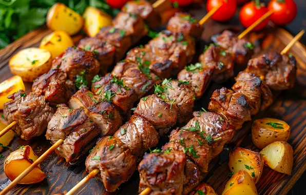 Мясо, кусочки, овощи, помидоры, шашлык, шампуры, картофель, разделочная доска