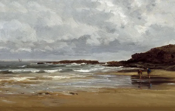 Картинка люди, скалы, берег, картина, морской пейзаж, Карлос де Хаэс, Пляж в Карраспио
