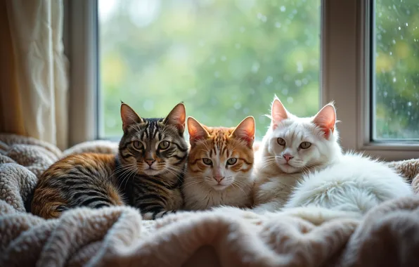 Белый, взгляд, кошки, поза, серый, вместе, коты, окно