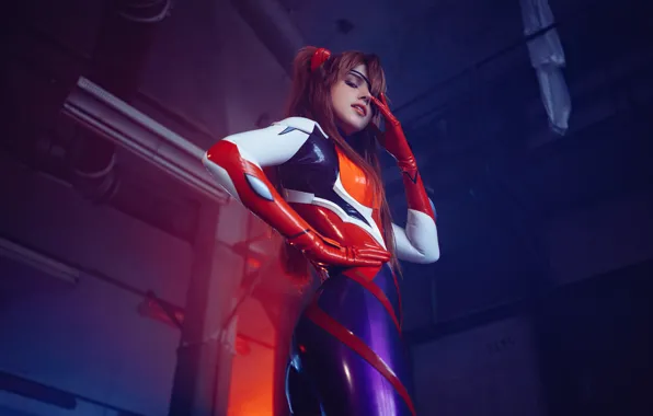 Картинка улыбка, Neon Genesis Evangelion, косплей, cosplay, милая девушка, Asuka Langley, костюм в обтяжку