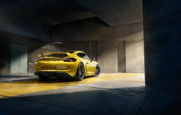 Porsche, Cayman, Yellow, Parking, Supercar, GT4, Rear, 2015