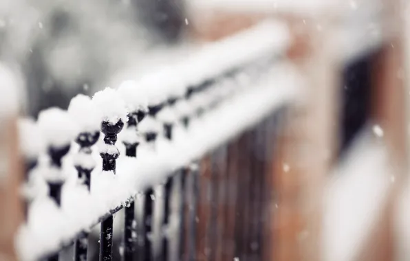 Зима, снежинки, природа, забор, фокус, fence, идёт, снежок