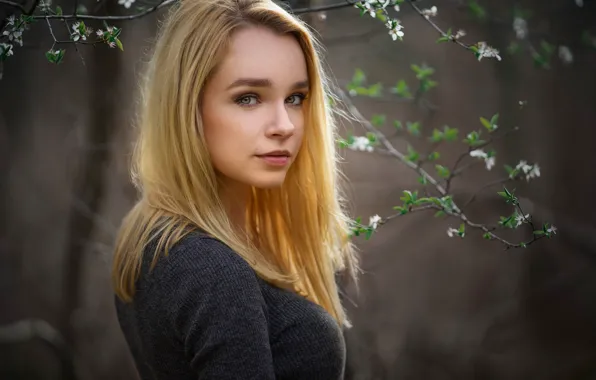 Картинка взгляд, девушка, цветы, ветки, природа, портрет, весна, макияж