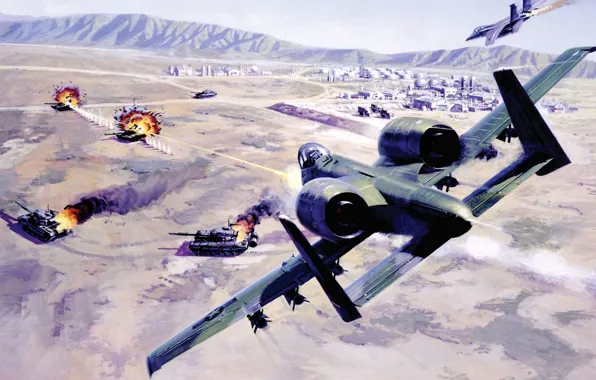 Война, атака, рисунок, штурмовик, f-15, eagle, Fairchild Republic A-10 Thunderbolt II