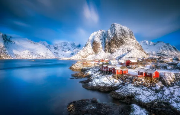 Картинка зима, вода, горы, деревня, Норвегия, домики, Norway, фьорд