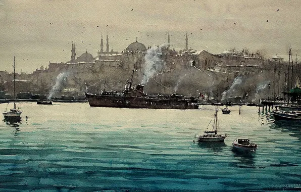 Картинка пролив, лодка, корабль, картина, акварель, Стамбул, городской пейзаж, Босфор