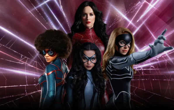 Фон, паутина, постер, персонажи, комикс, костюмы, MARVEL, Dakota Johnson