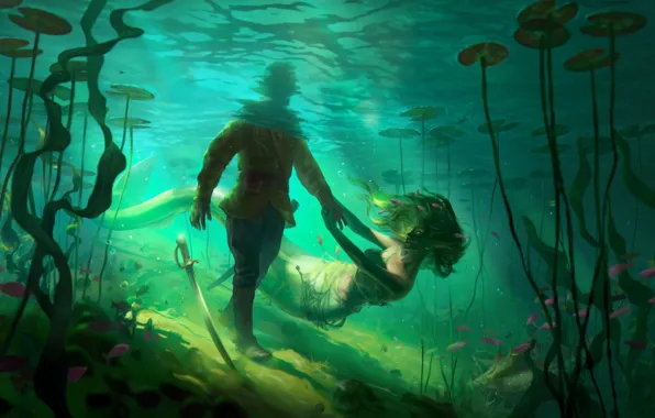 Рыбки, водоросли, русалка, воин, под водой, underwater, saber, сабля