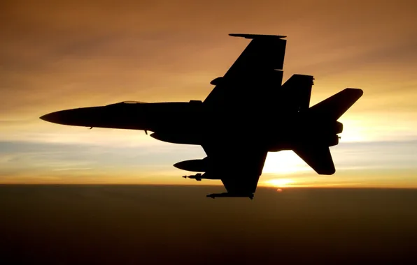 Картинка облака, закат, силуэт, зарево, самолёт, F/A-18 Hornet