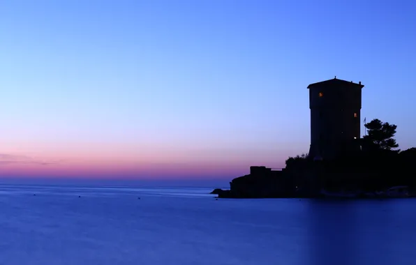 Twilight, tower, sea, ocean, seascape, island, dusk, horizon