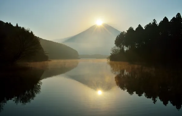Картинка солнце, деревья, природа, озеро, Япония, гора Фудзияма