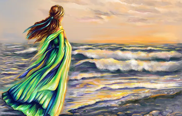 Картинка море, волны, небо, девушка, облака, волосы, спина, арт