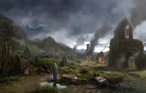 Картинка девушка, горы, конь, дым, арт, нападение, руины, трупы