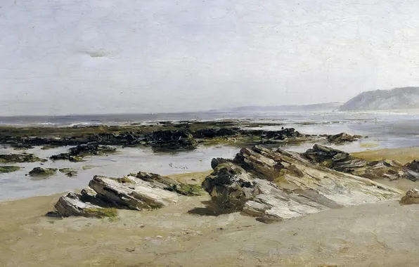 Картинка камни, берег, картина, морской пейзаж, Карлос де Хаэс, Прилив