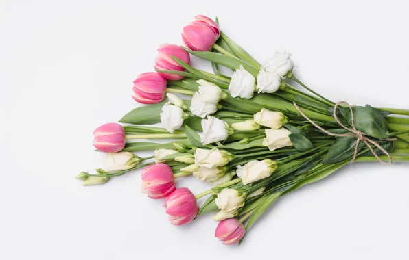 Картинка цветы, розы, букет, тюльпаны, розовые, white, белые, бутоны
