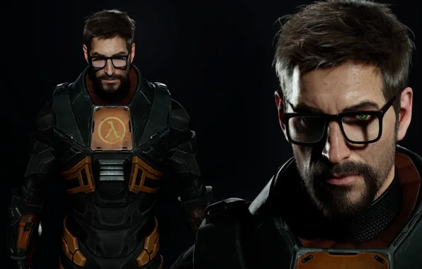 Глаза, взгляд, тень, скафандр, очки, half-life, детали, gordon freeman