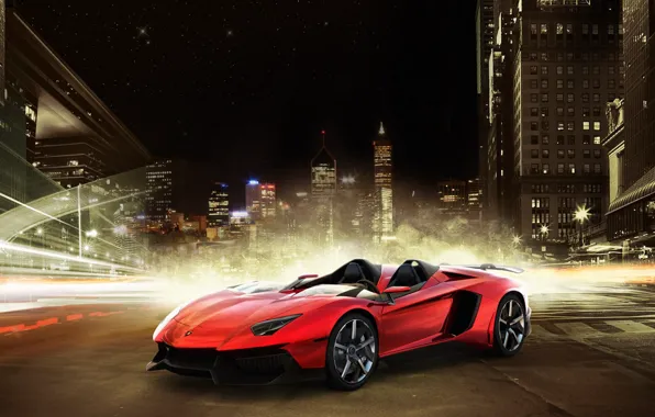 Картинка ночь, красный, city, город, небоскребы, Lamborghini, red, night