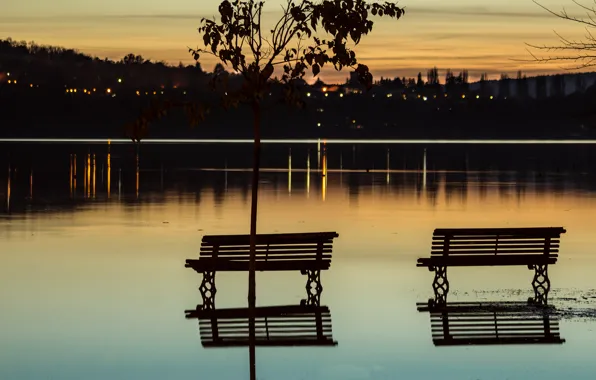 Закат, природа, озеро, nature, sunset, lake, evening, bench