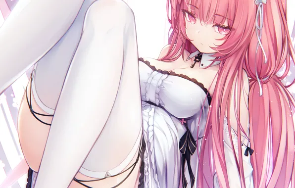 Girl, sexy, cleavage, thighhighs, pink hair, long hair, dress, boobs