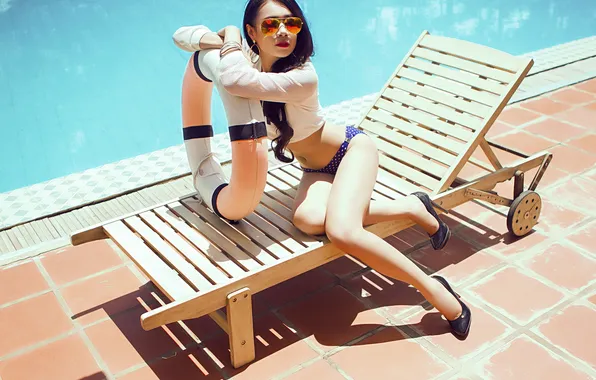 Девушка, ноги, бассейн, очки, туфли, bikini