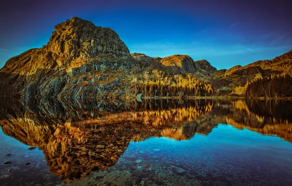 Вода, деревья, озеро, отражение, камни, скалы, Норвегия, Rogaland
