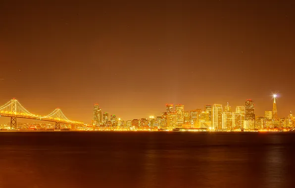 Ночь, мост, огни, дома, Сан-Франциско, США