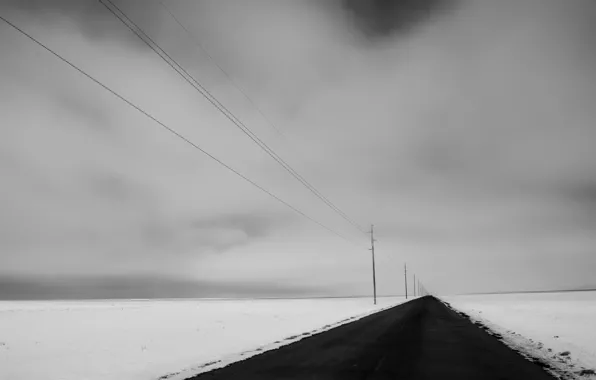 Картинка зима, дорога, поле, снег, природа, перспектива, лэп