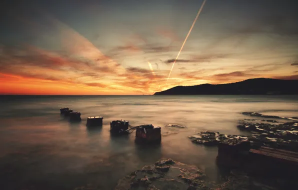 Картинка вода, лучи, камни, берег, вечер, Ibiza