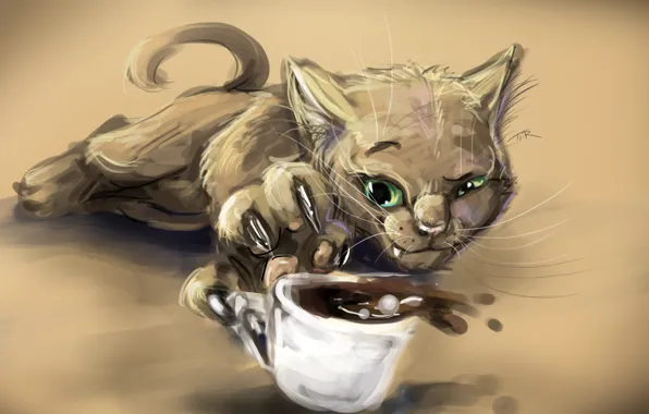Картинка кофе, Кот, чашка, когти, прищур, хитрюга
