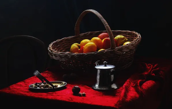 Красный, темный фон, стол, лимон, яблоки, чайник, ткань, орехи