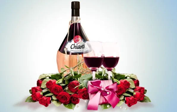 Подарок, вино, розы, бокалы, glass, wine, flowers, romantic