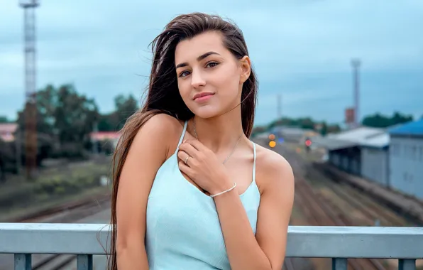 Девушка, мост, поза, фон, рельсы, портрет, макияж, платье