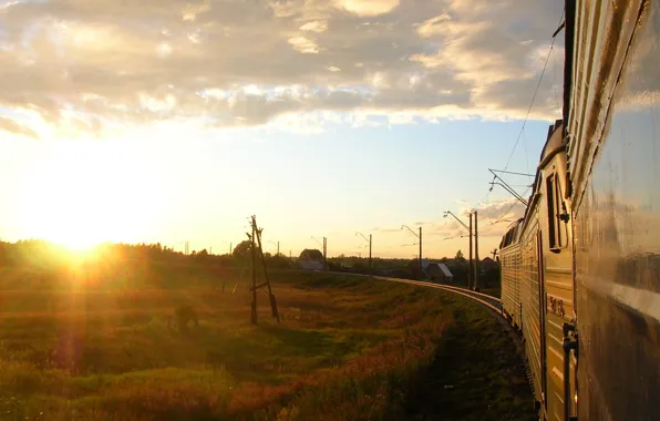 Картинка поезд, Солнце, поворот